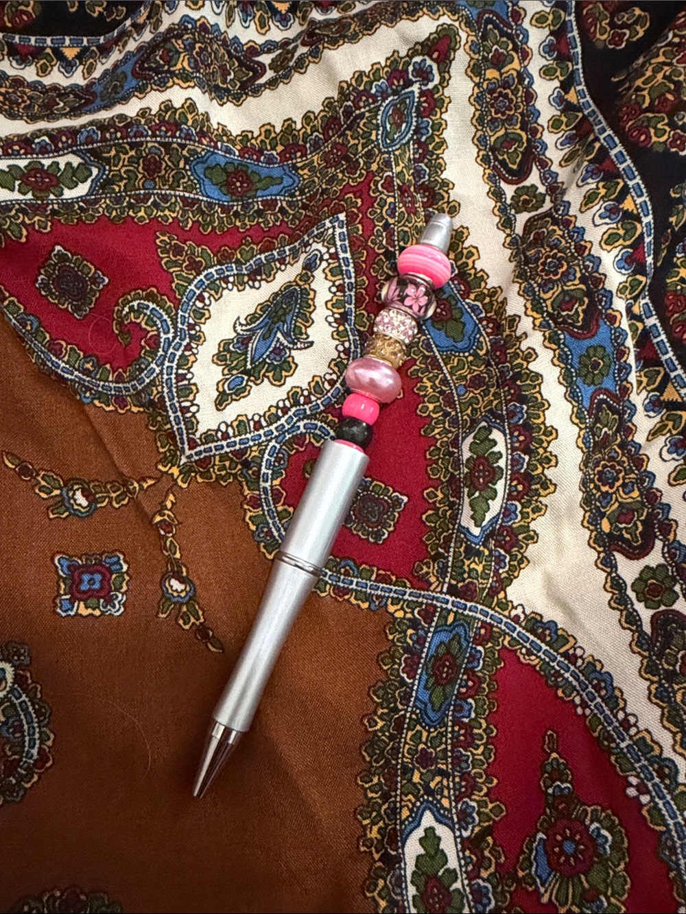 Silver Ballpoint Pen with Pink Beaded Charm